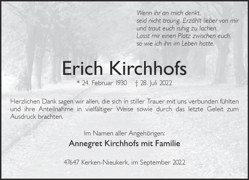  Traueranzeige für Erich Kirchhofs vom 21.09.2022 aus 