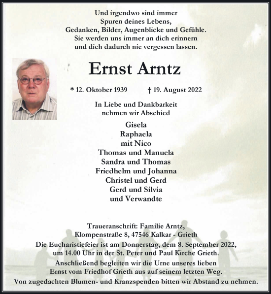 Traueranzeige von Ernst Arntz 