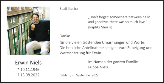 Traueranzeige von Erwin Niels 