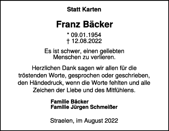 Traueranzeige von Franz Bäcker 