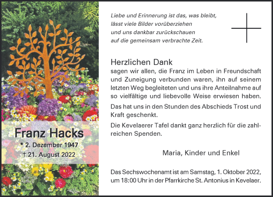 Traueranzeige von Franz Hacks 