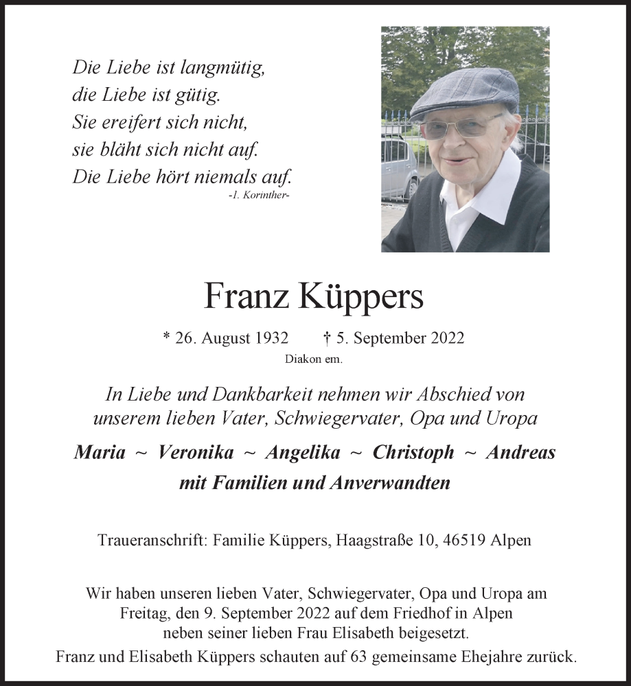  Traueranzeige für Franz Küppers vom 21.09.2022 aus 