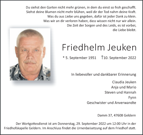 Traueranzeige von Friedhelm Jeuken 