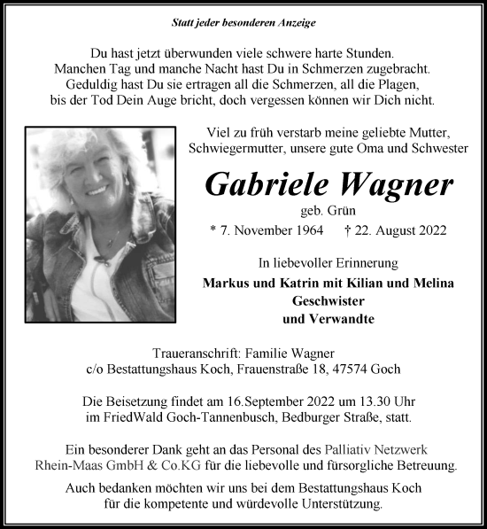 Traueranzeige von Gabriele Wagner 
