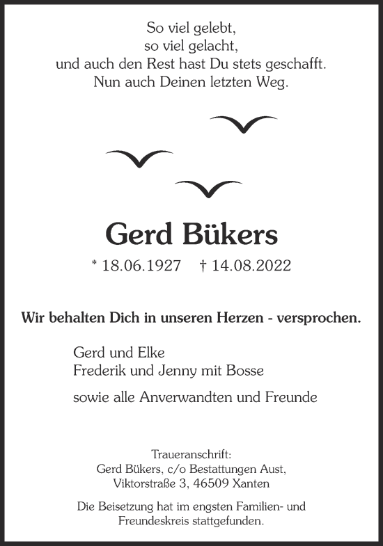 Traueranzeige von Gerd Bükers 
