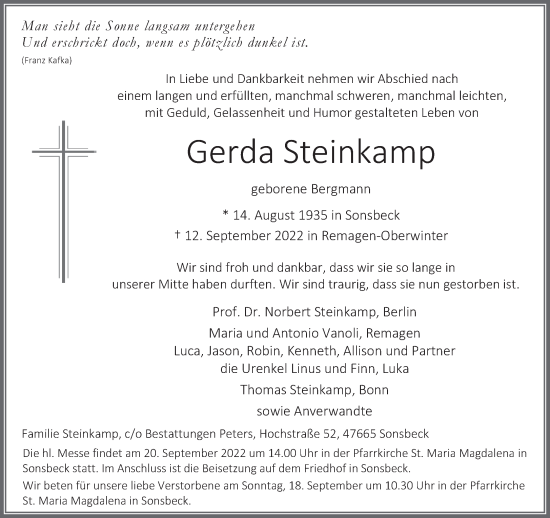Traueranzeige von Gerda Steinkamp 