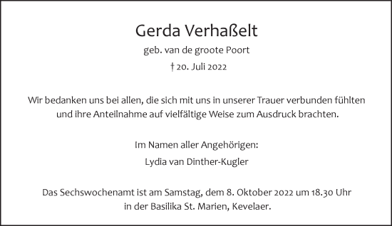 Traueranzeige von Gerda Verhaßelt 