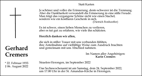 Traueranzeige von Gerhard Cremers 