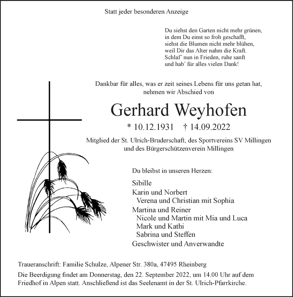  Traueranzeige für Gerhard Weyhofen vom 21.09.2022 aus 