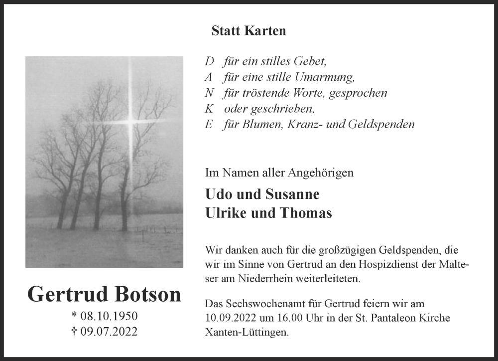 Traueranzeige für Gertrud Botson vom 03.09.2022 aus 