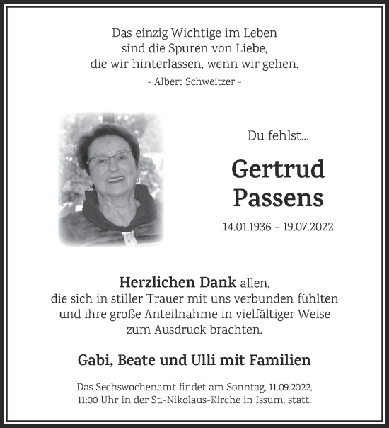Traueranzeige von Gertrud Passens 