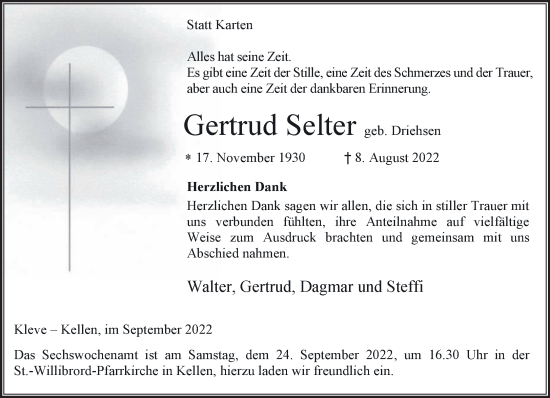 Traueranzeige von Gertrud Selter 