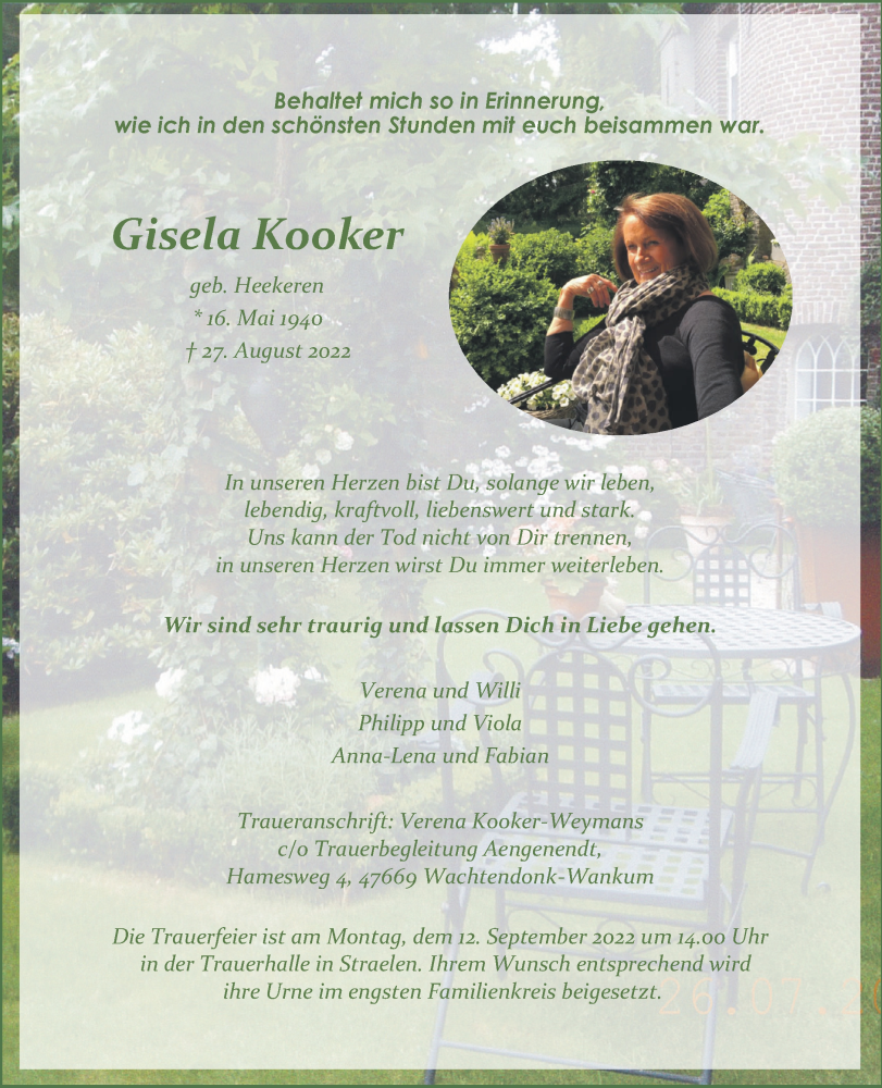  Traueranzeige für Giesela Kooker vom 03.09.2022 aus 