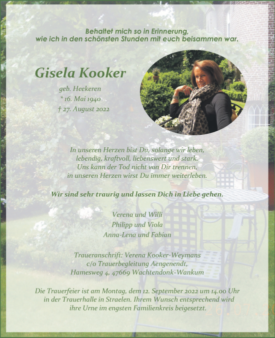 Traueranzeige von Giesela Kooker 