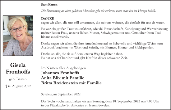 Traueranzeige von Gisela Fronhoffs 