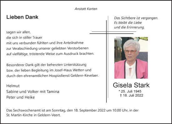Traueranzeige von Gisela Stark 