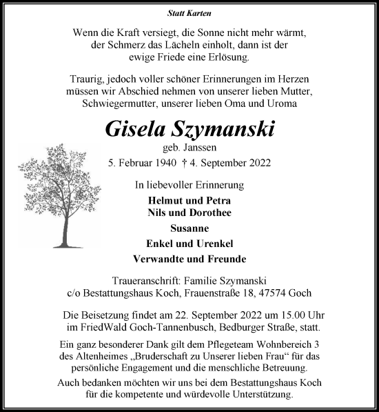 Traueranzeige von Gisela Szymanski 