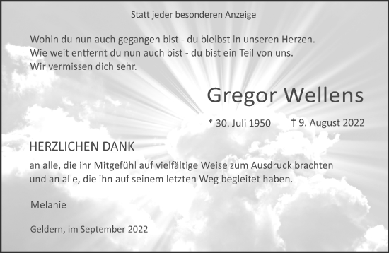 Traueranzeige von Gregor Wellens 