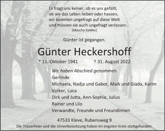 Traueranzeige von Günter Heckershoff 
