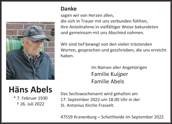 Traueranzeige von Häns Abels 