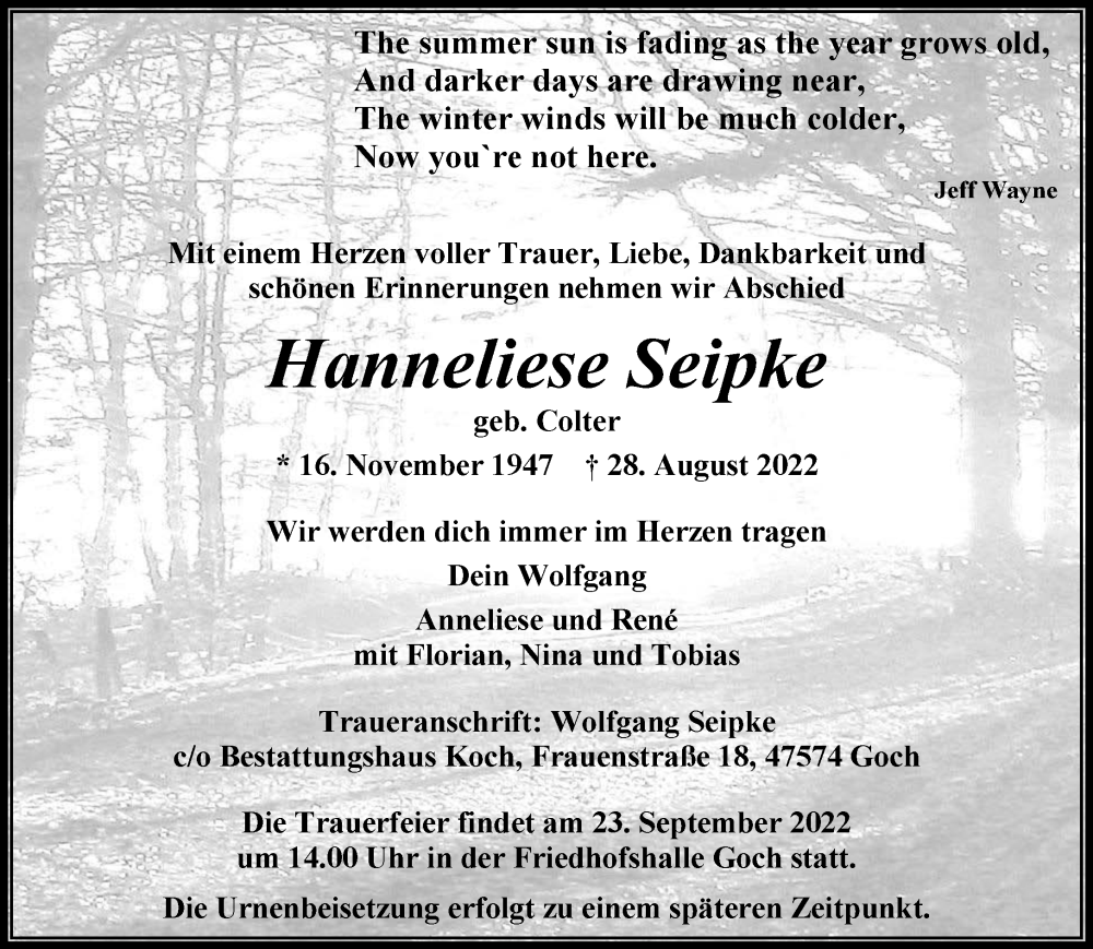  Traueranzeige für Hanneliese Seipke vom 17.09.2022 aus 