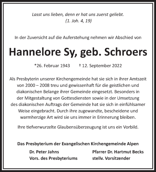 Traueranzeige von Hannelore Sy 