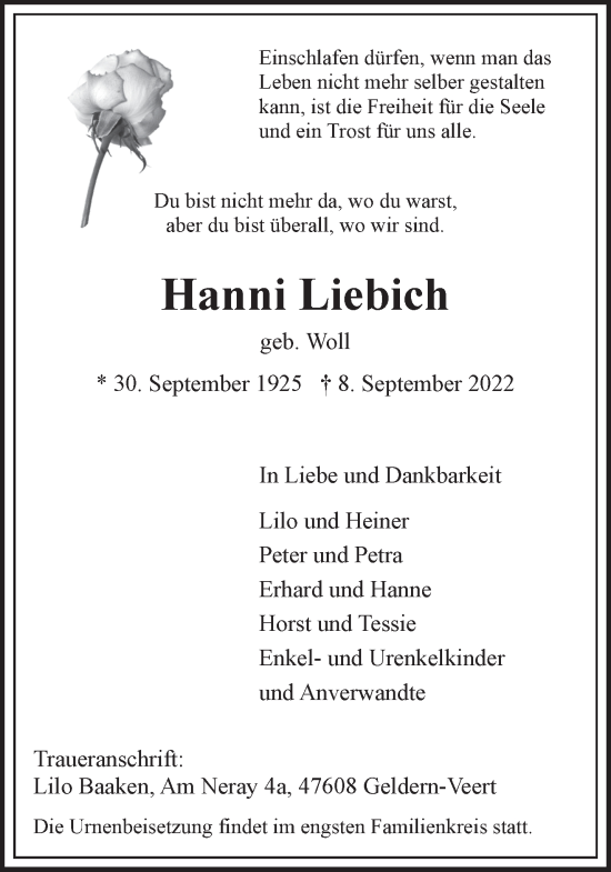 Traueranzeige von Hanni Liebich 