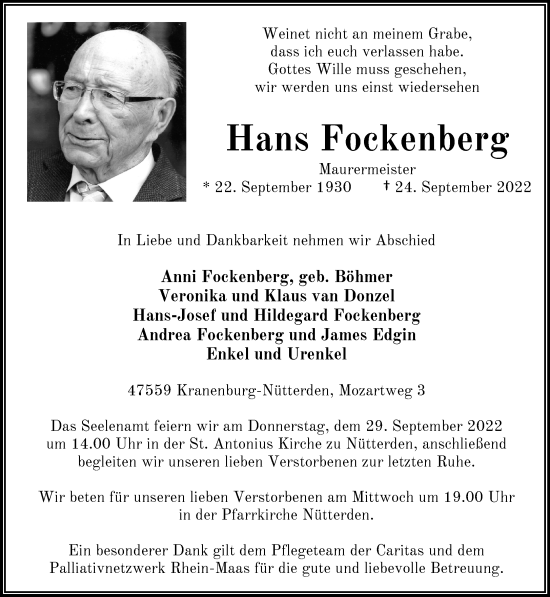 Traueranzeige von Hans Fockenberg 