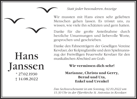 Traueranzeige von Hans Janssen 
