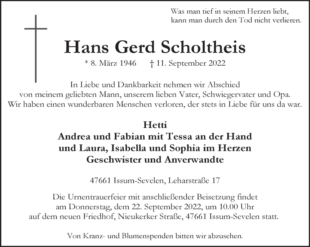  Traueranzeige für Hans Gerd Scholtheis vom 17.09.2022 aus 