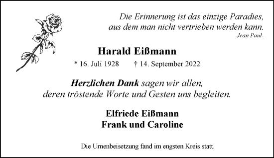 Traueranzeige von Harald Eißmann 