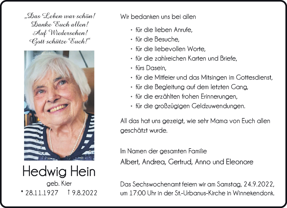  Traueranzeige für Hedwig Hein vom 17.09.2022 aus 