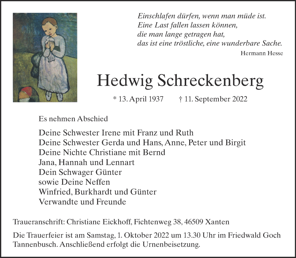  Traueranzeige für Hedwig Schreckenberg vom 24.09.2022 aus 