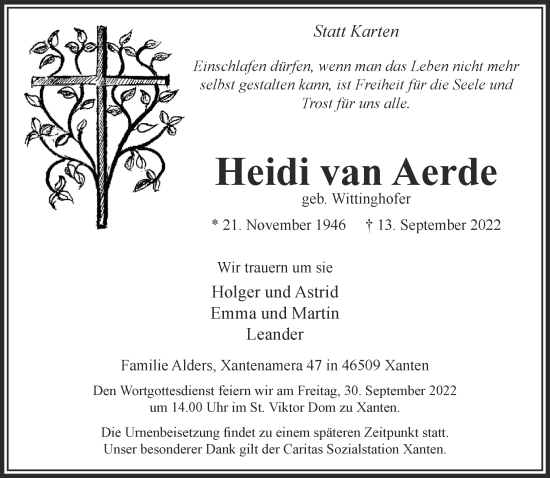 Traueranzeige von Heidi van Aerde 