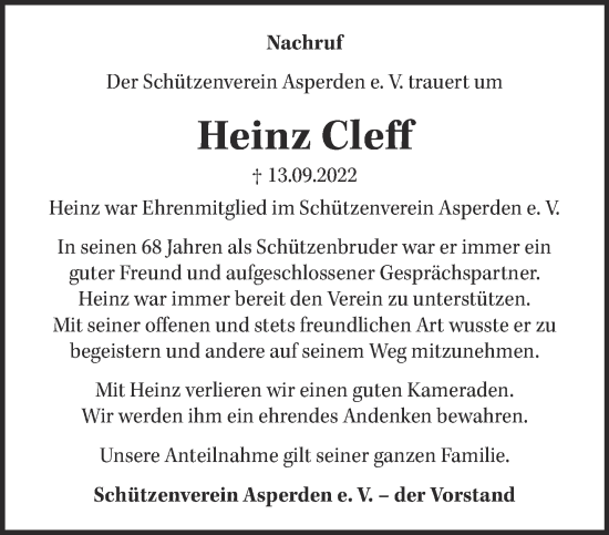 Traueranzeige von Heinz Cleff 