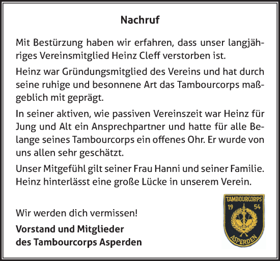 Traueranzeige von Heinz Cleff 