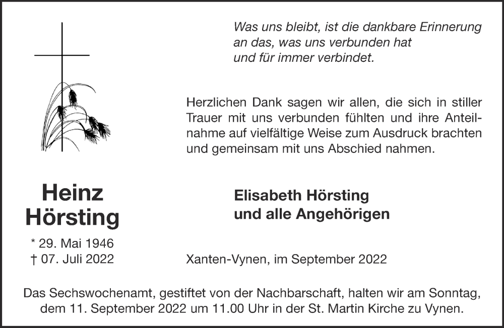  Traueranzeige für Heinz Hörsting vom 03.09.2022 aus 