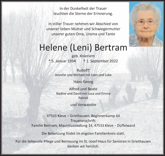 Traueranzeige von Helene Bertram 