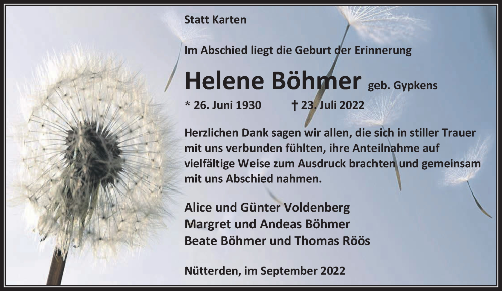  Traueranzeige für Helene Böhmer vom 10.09.2022 aus 