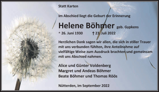 Traueranzeige von Helene Böhmer 