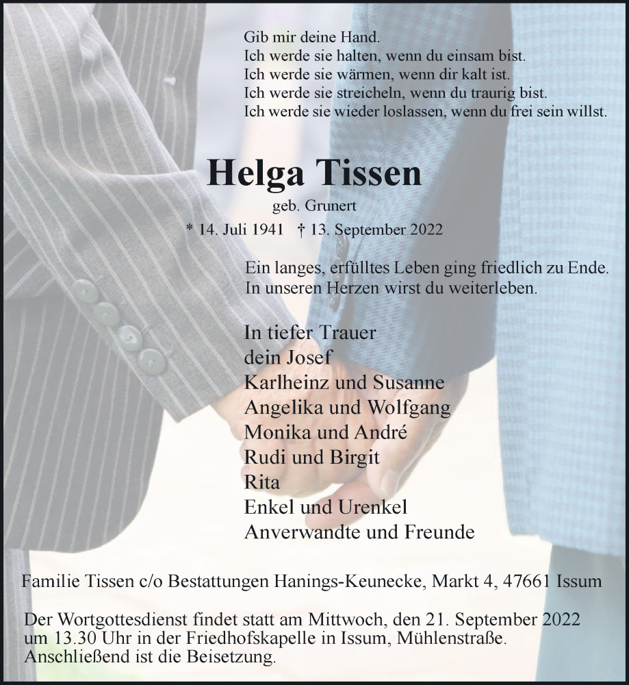  Traueranzeige für Helga Tissen vom 17.09.2022 aus 