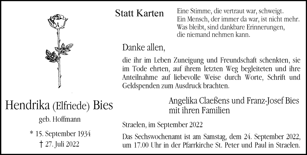  Traueranzeige für Hendrika Bies vom 17.09.2022 aus 