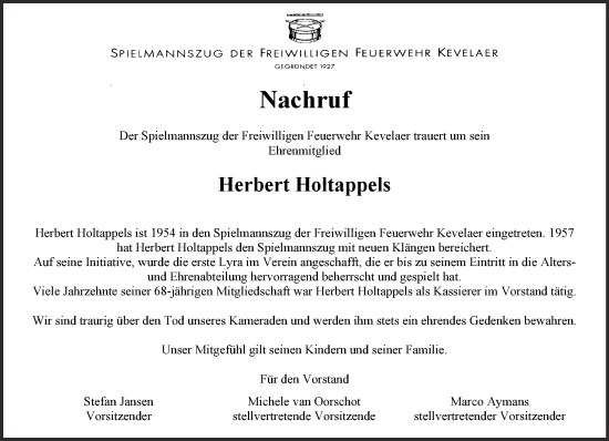 Traueranzeige von Herbert Holtappels 