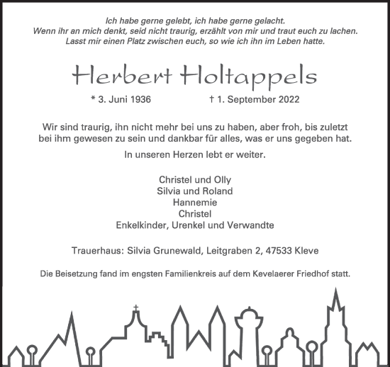 Traueranzeige von Herbert Holtappels 
