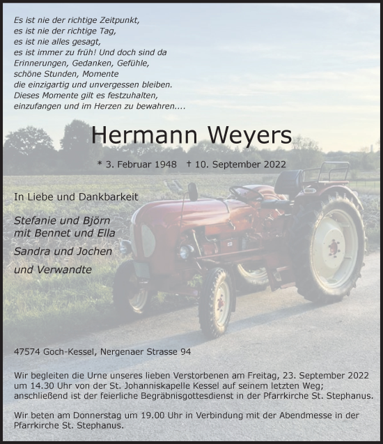 Traueranzeige von Hermann Wevers 