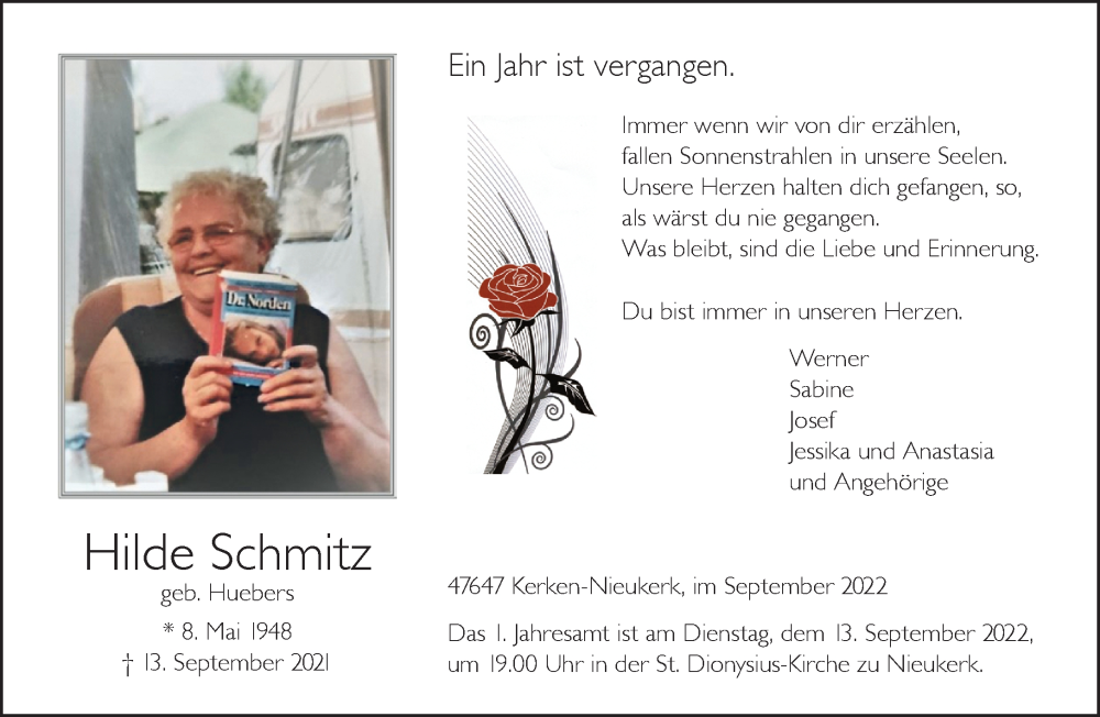  Traueranzeige für Hilde Schmitz vom 10.09.2022 aus 