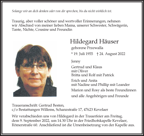 Traueranzeige von Hildegard Häuser 