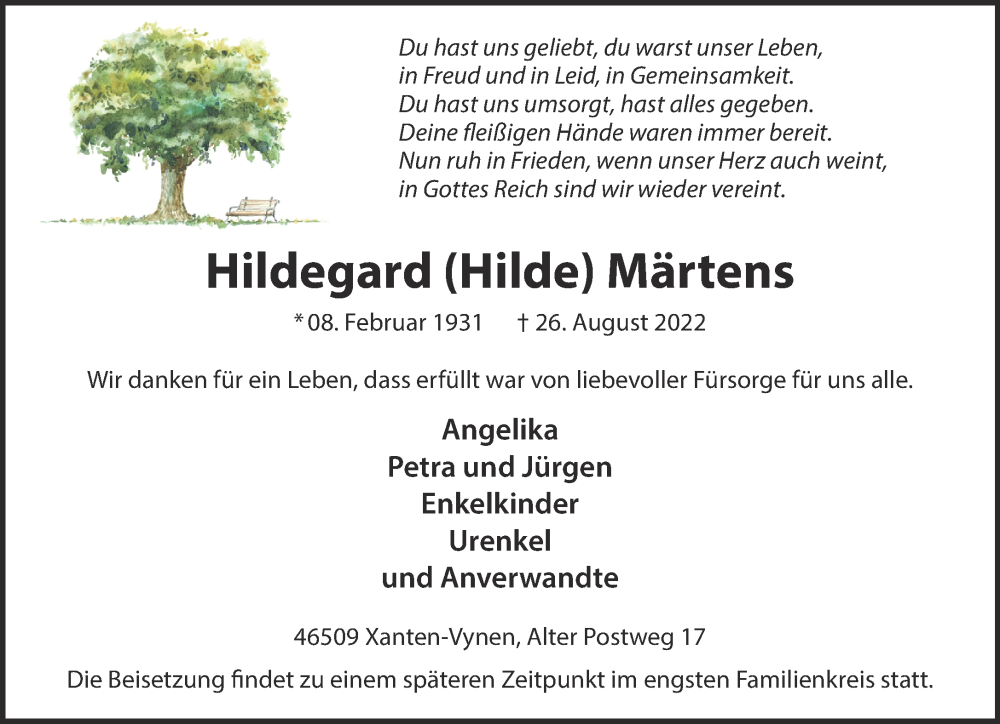  Traueranzeige für Hildegard Märtens vom 07.09.2022 aus 