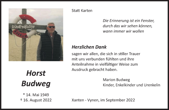 Traueranzeige von Horst Budweg 