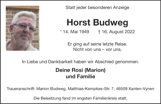 Traueranzeige von Horst Budweg 